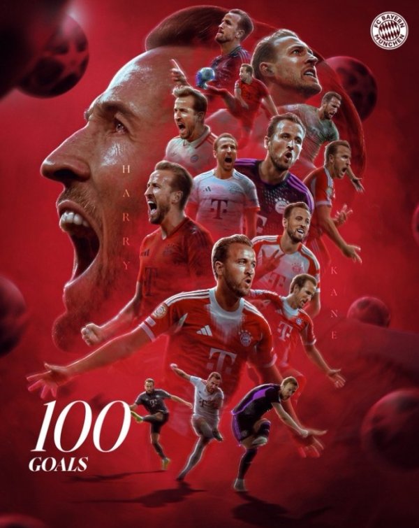 104场100球！拜仁发布凯恩百球海报：何等可怕的怪物，哈里 🙌